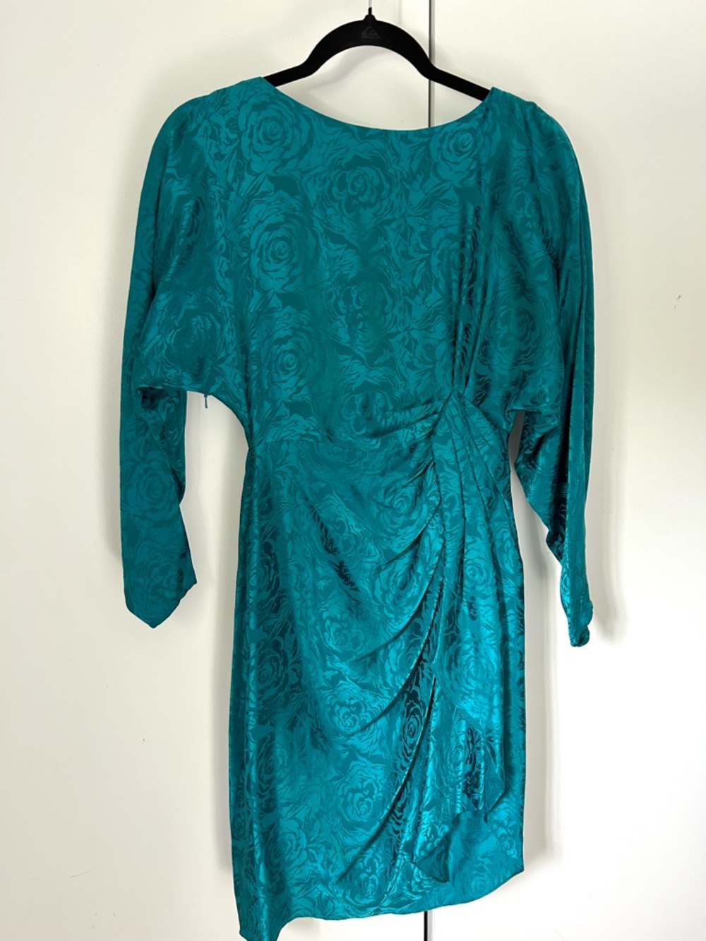 Teal Floral Jacquard Draped 100% silk  Women’s Dress